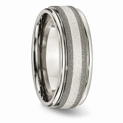 Men's Wedding Band-Titanium Polished /Stone Finish Center Grooved Edge Sterling Inlay Band-UDINC0394