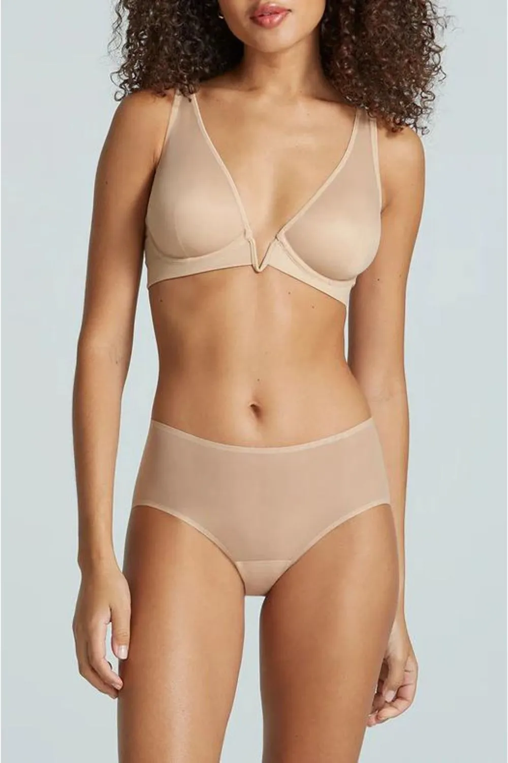 Mesh Plunge Underwire Bra in Beige