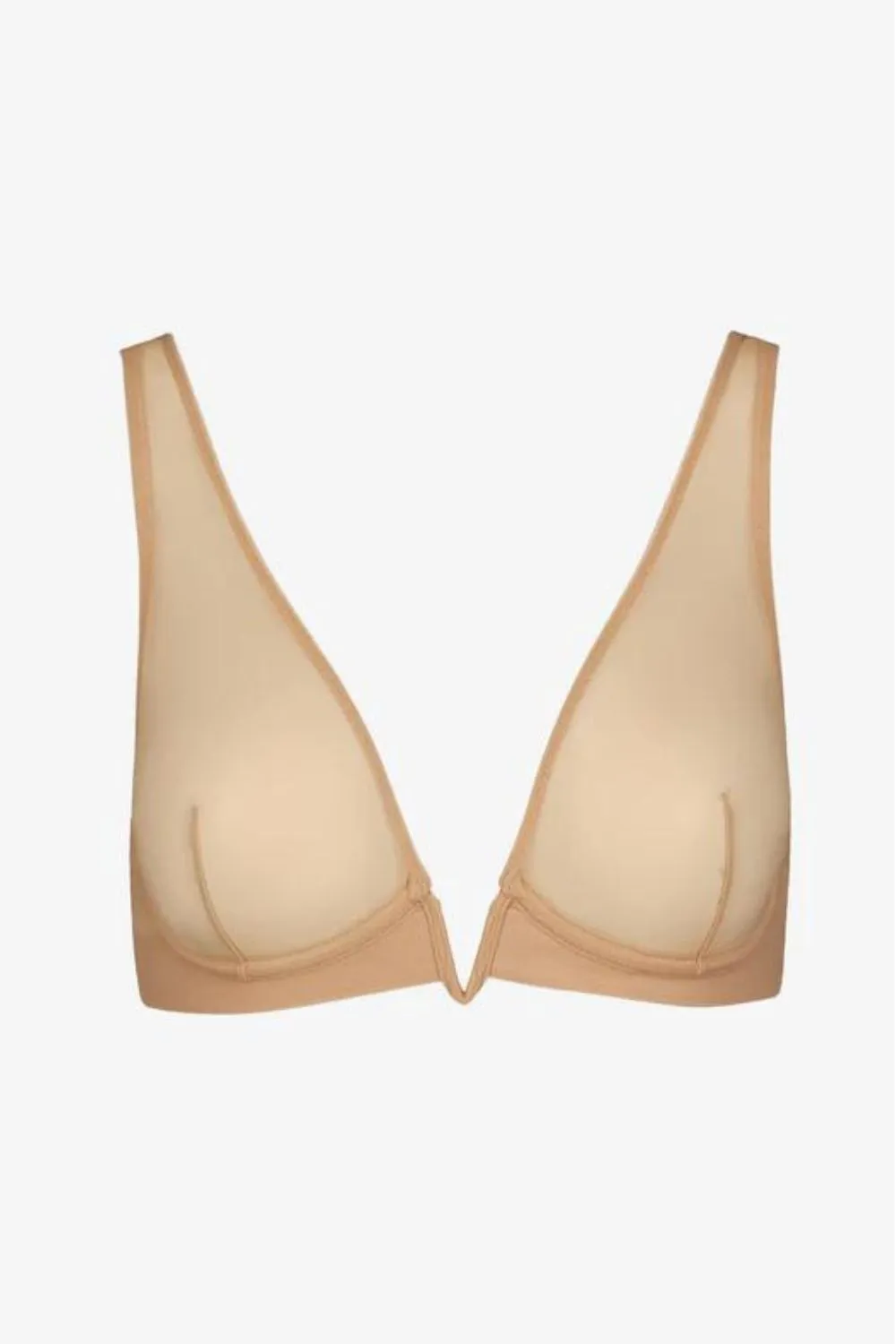 Mesh Plunge Underwire Bra in Beige