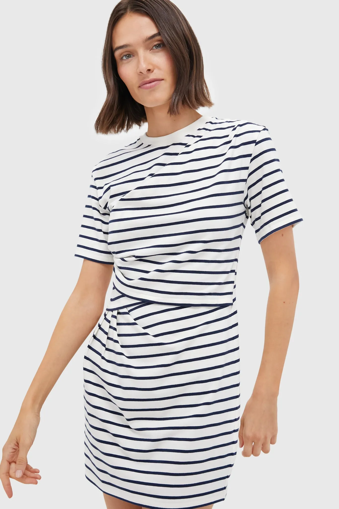 Midnight Stripe Zeus Short Sleeve Draped T-Shirt Dress