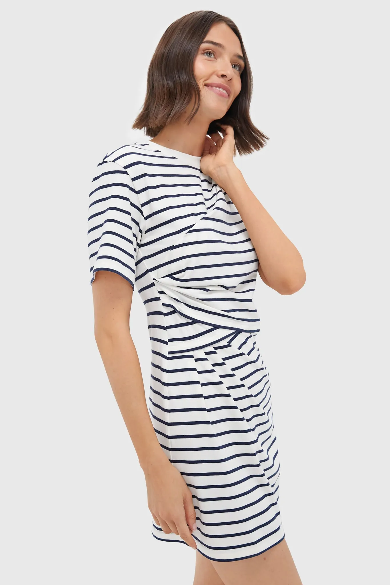 Midnight Stripe Zeus Short Sleeve Draped T-Shirt Dress