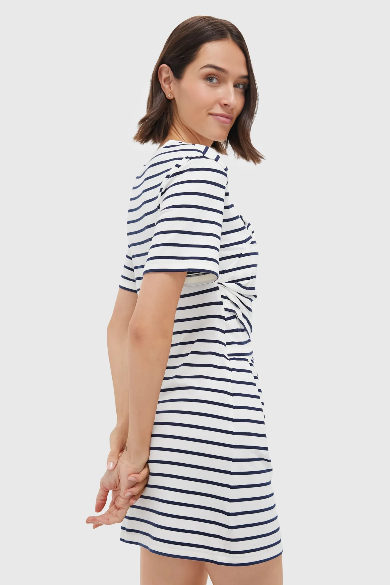 Midnight Stripe Zeus Short Sleeve Draped T-Shirt Dress