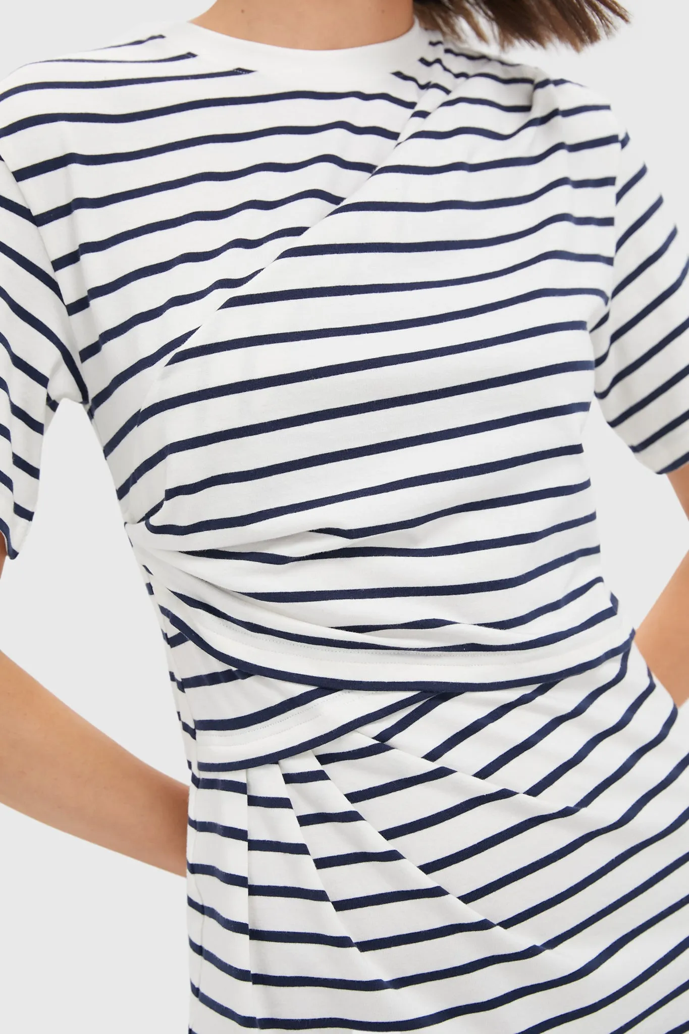 Midnight Stripe Zeus Short Sleeve Draped T-Shirt Dress