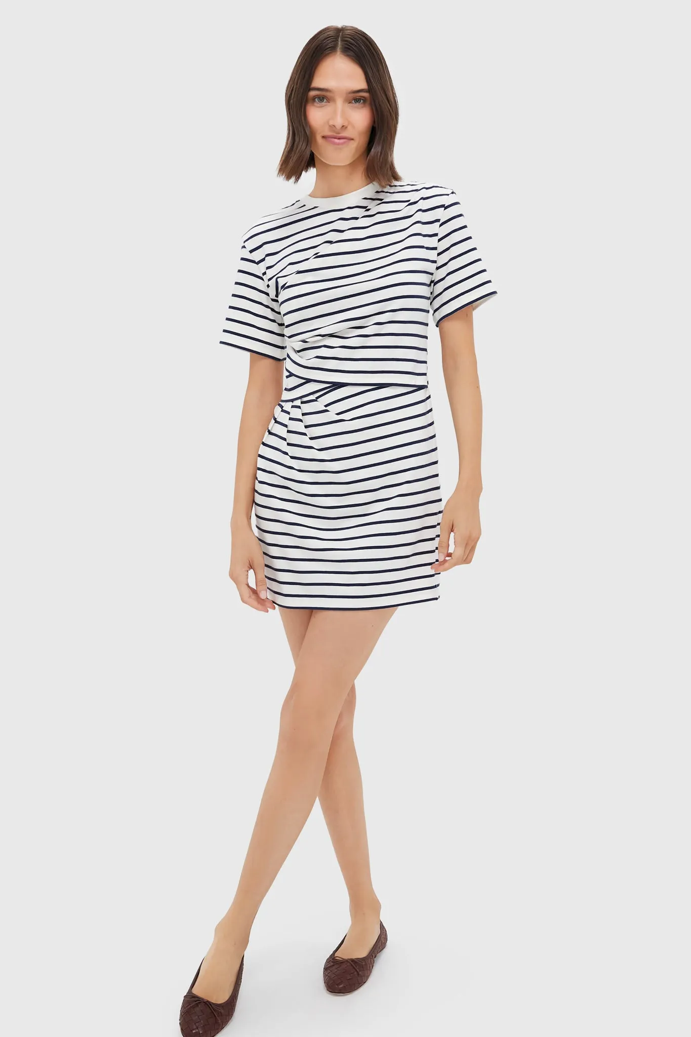 Midnight Stripe Zeus Short Sleeve Draped T-Shirt Dress