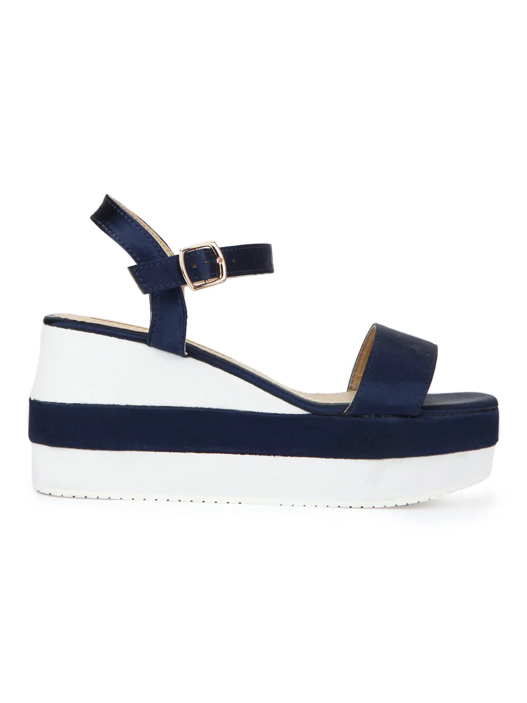 Navy Blue and White Ankle Strap Wedges