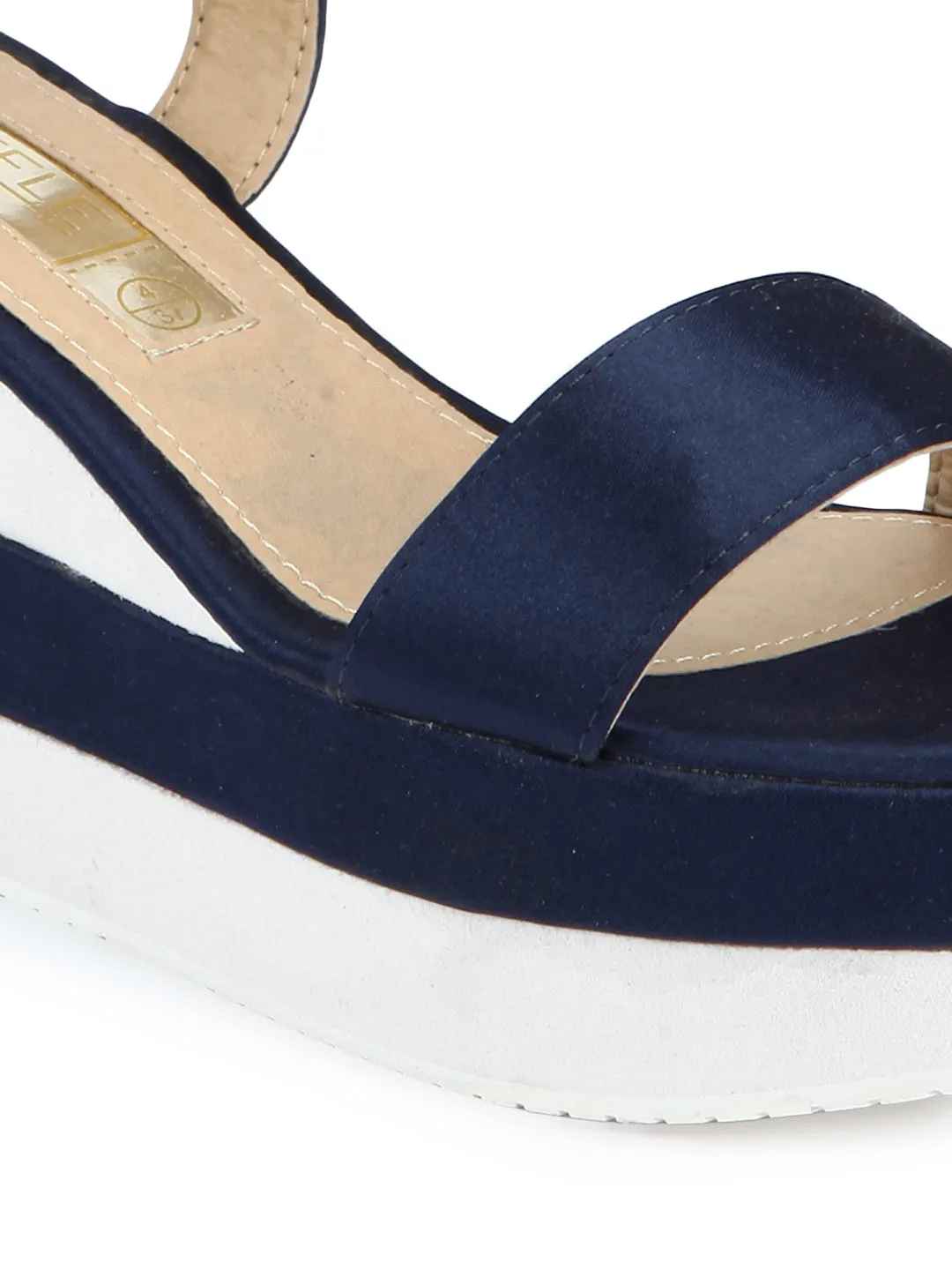 Navy Blue and White Ankle Strap Wedges