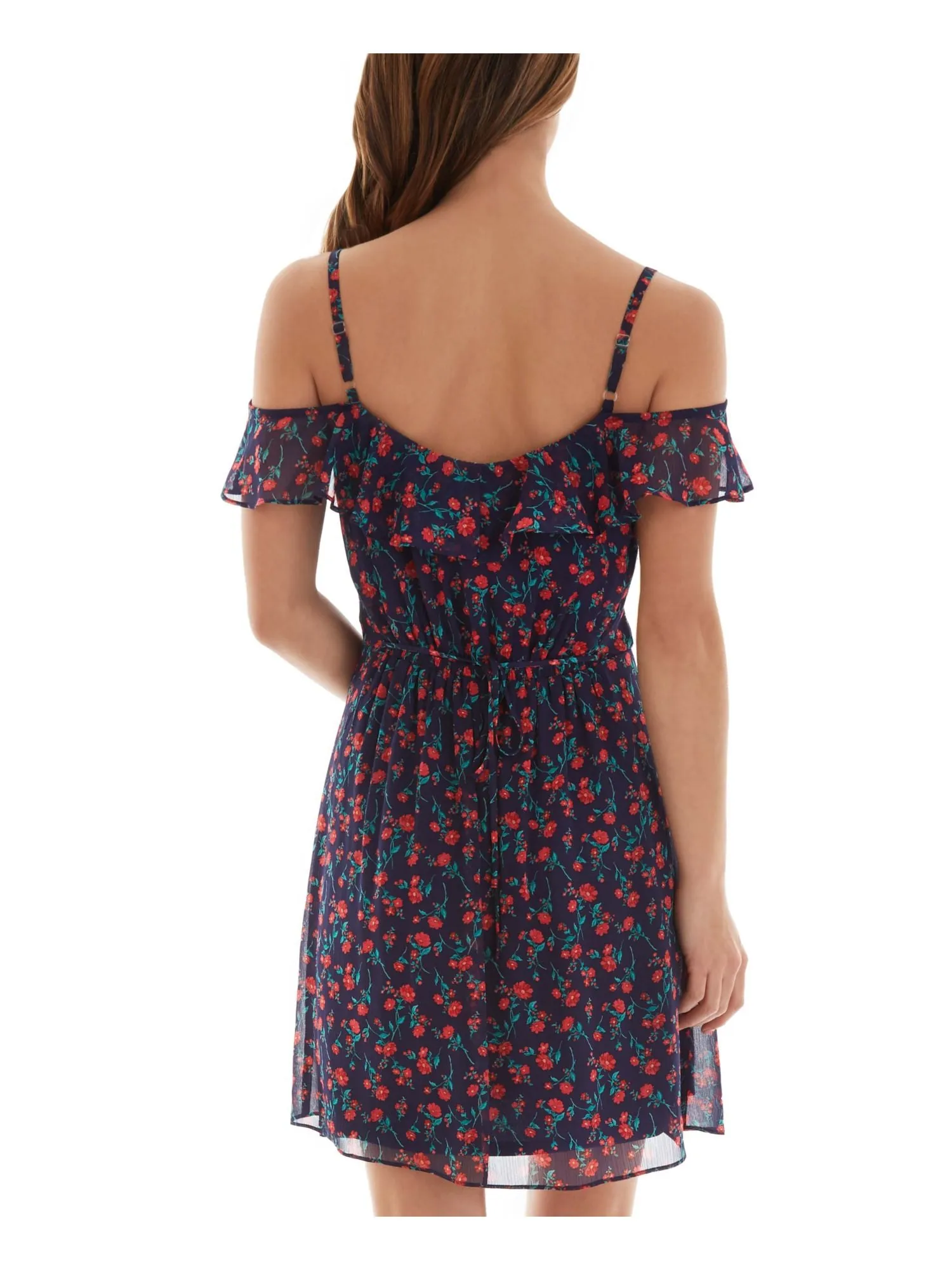 Navy Cold Shoulder Ruffled Floral Flutter Sleeve Dress - Women's Sweetheart Neckline Short Fit and Flare Style