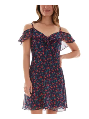 Navy Cold Shoulder Ruffled Floral Flutter Sleeve Dress - Women's Sweetheart Neckline Short Fit and Flare Style