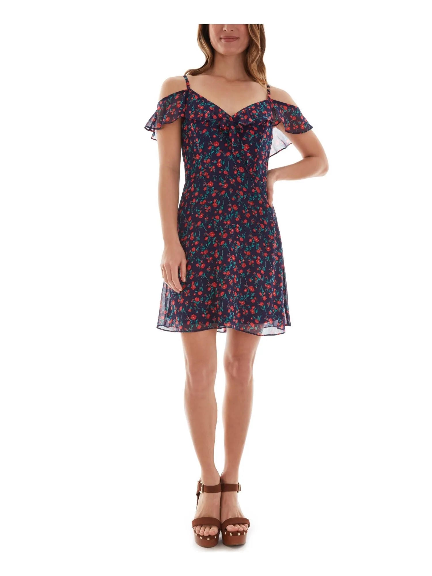 Navy Cold Shoulder Ruffled Floral Flutter Sleeve Dress - Women's Sweetheart Neckline Short Fit and Flare Style