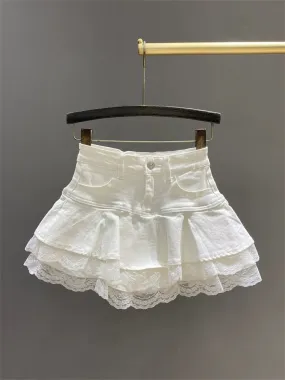 Niche spliced ruffled denim skirt 2025 spring new high-waisted A-line tutu skirt hot girl miniskirt