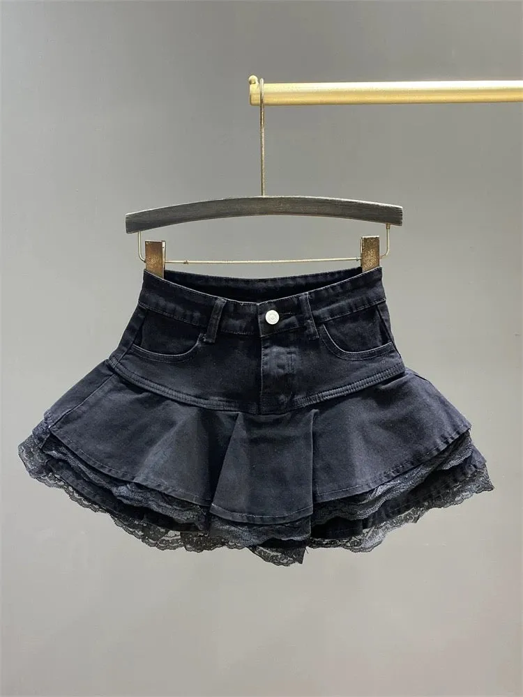 Niche spliced ruffled denim skirt 2025 spring new high-waisted A-line tutu skirt hot girl miniskirt