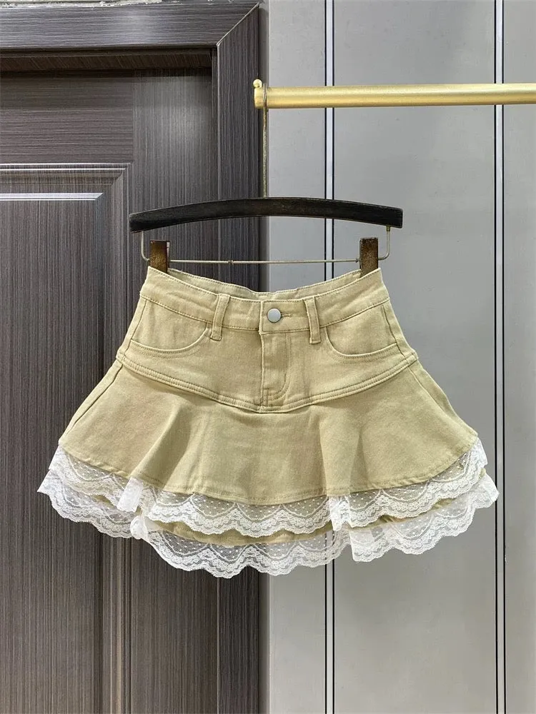 Niche spliced ruffled denim skirt 2025 spring new high-waisted A-line tutu skirt hot girl miniskirt