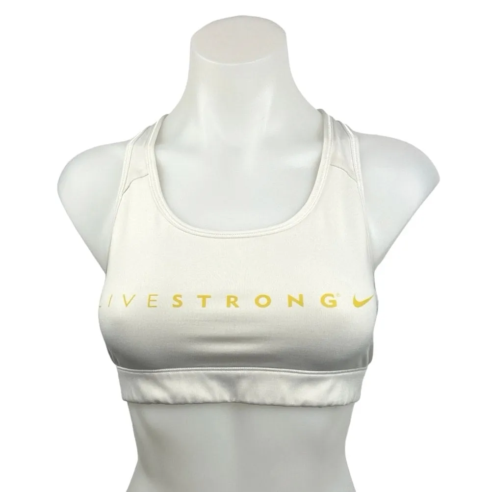 Nike White Scoop Neck Racerback Livestrong Spell Out Sports Bra Top Size M