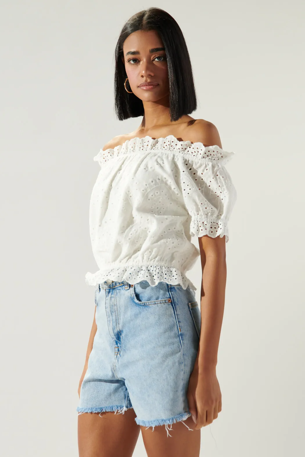 Niles Eyelet Off The Shoulder Crop Top