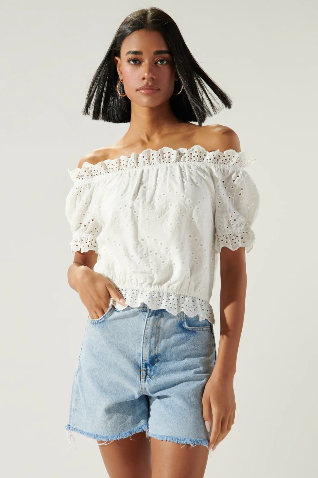 Niles Eyelet Off The Shoulder Crop Top