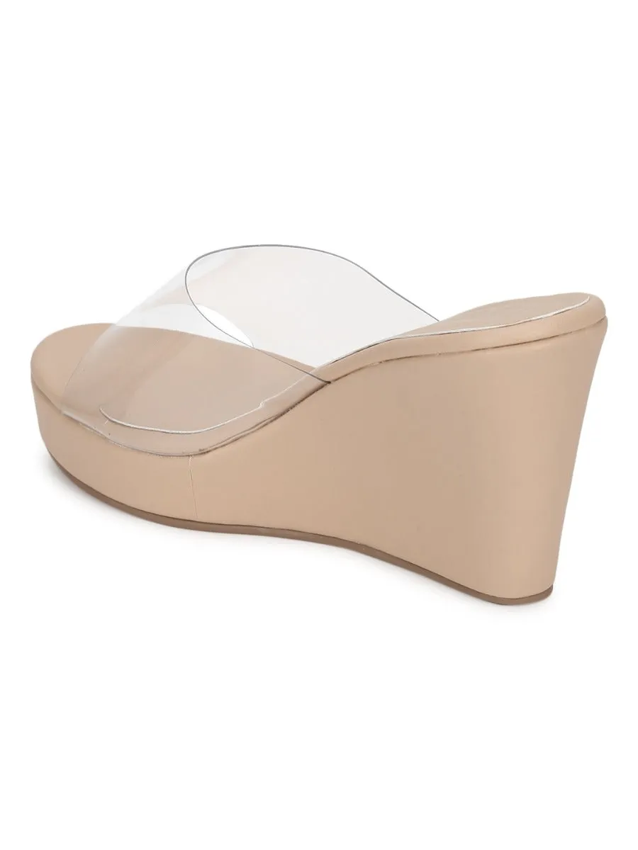 Nude Clear Strap Peep Toe Slip On Wedges