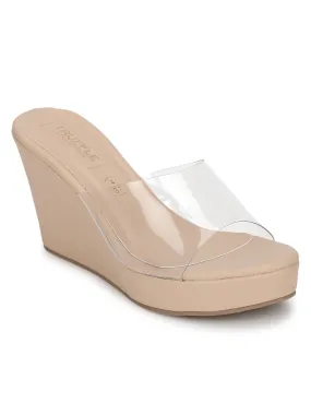 Nude Clear Strap Peep Toe Slip On Wedges