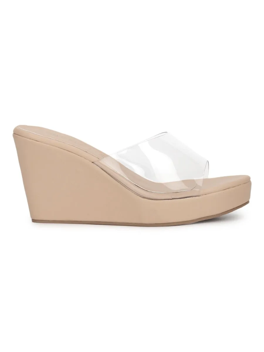 Nude Clear Strap Peep Toe Slip On Wedges