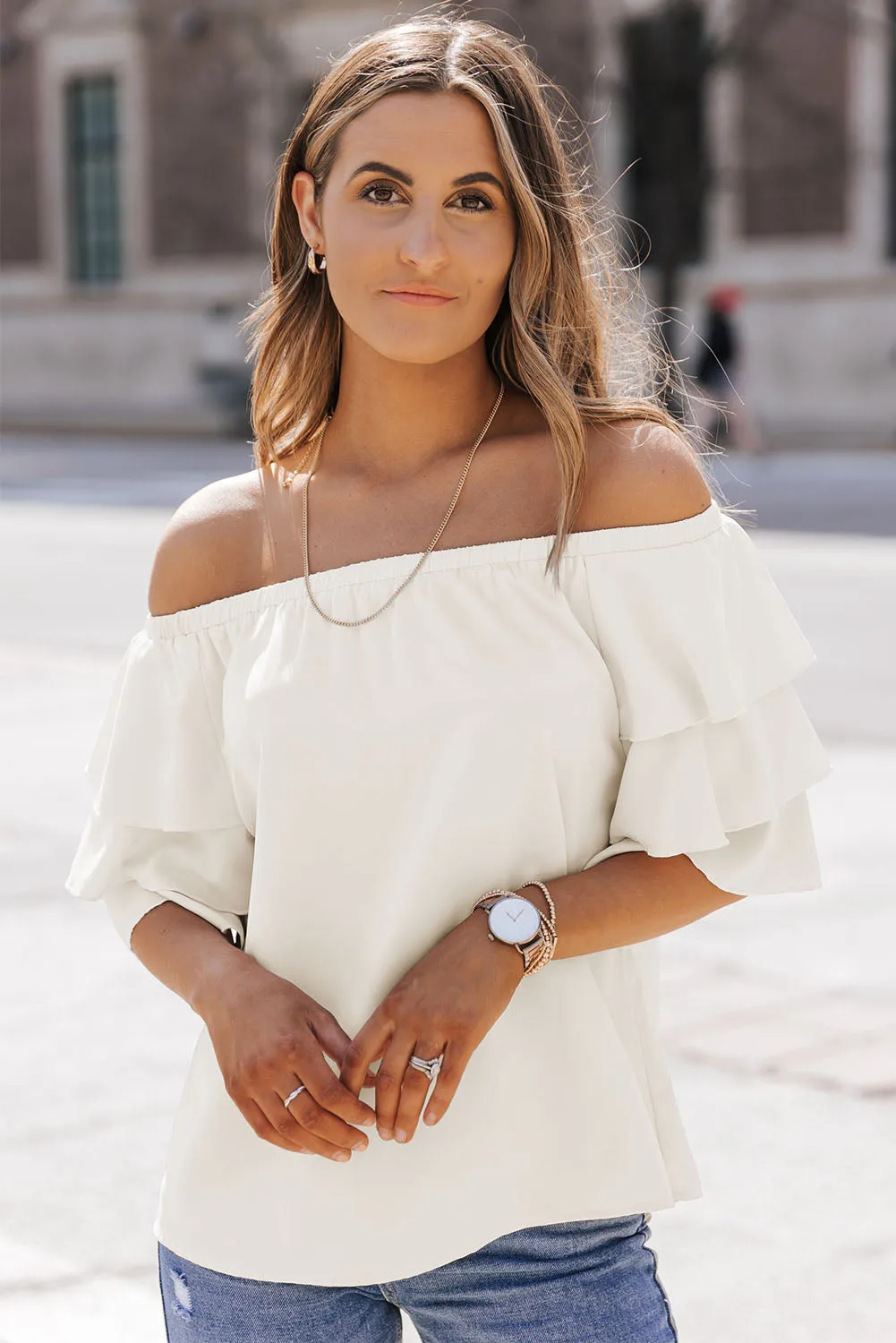 Stylish Off-Shoulder Layered Sleeve Blouse