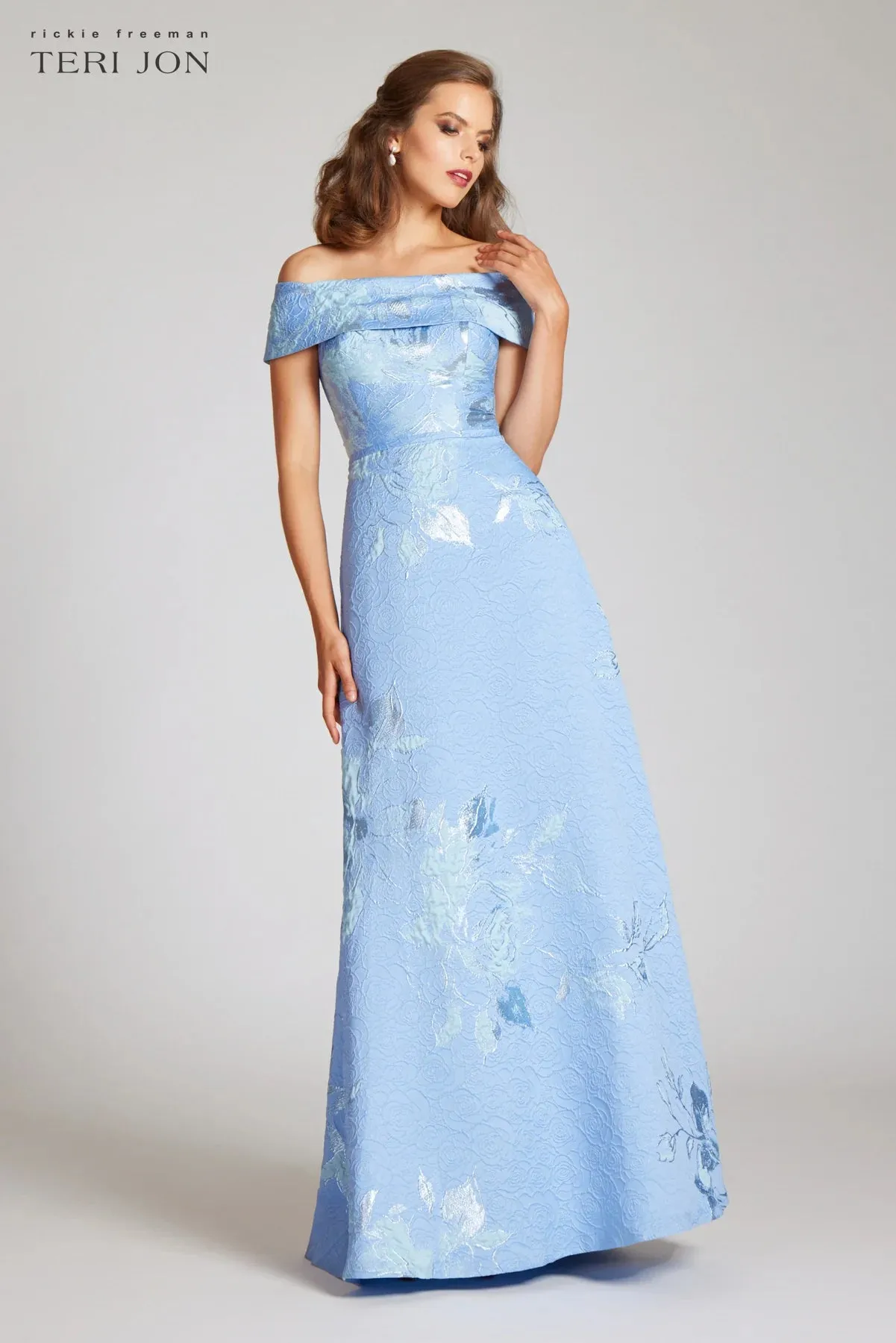 Off The Shoulder Jacquard Gown with Floral Print