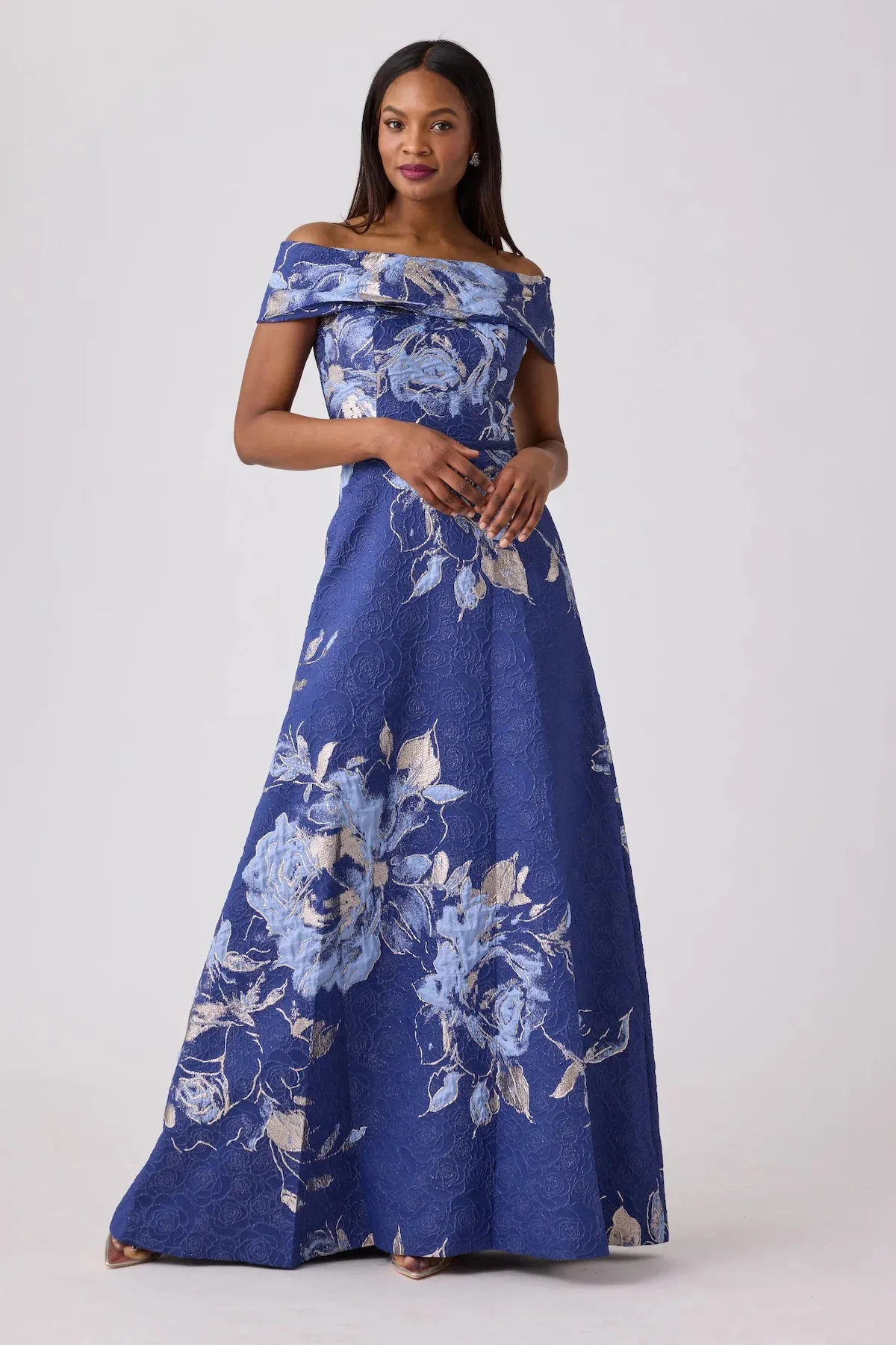 Off The Shoulder Jacquard Gown with Floral Print