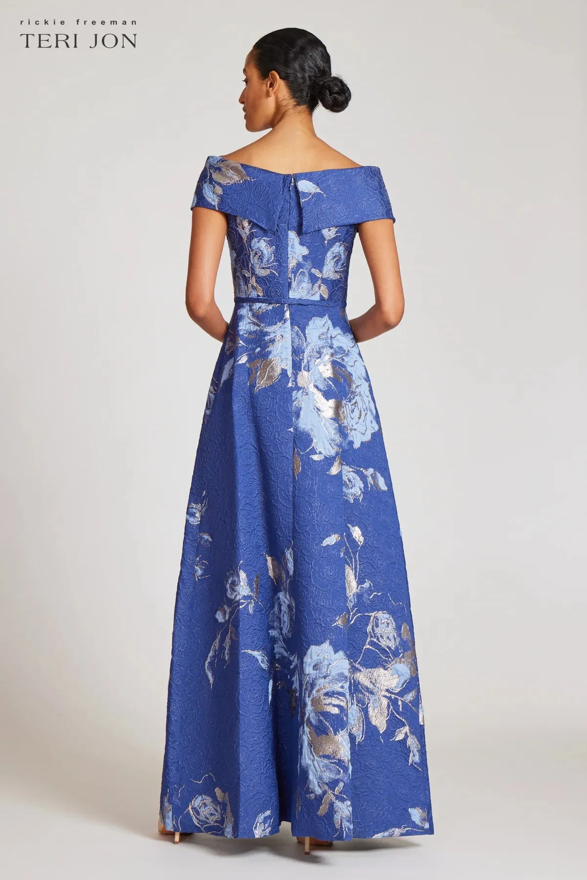 Off The Shoulder Jacquard Gown with Floral Print