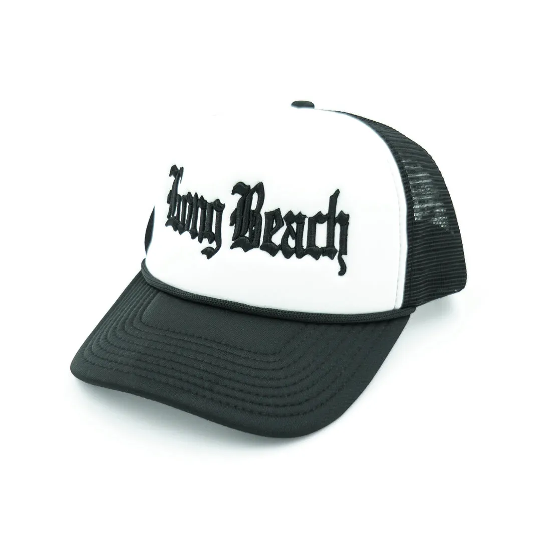 Old English White & Black Foam Youth Trucker Hat (Curved Brim)