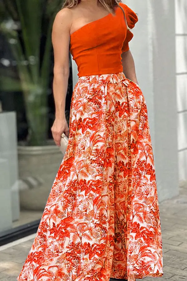 One Shoulder Crop Top Maxi Skirts Set