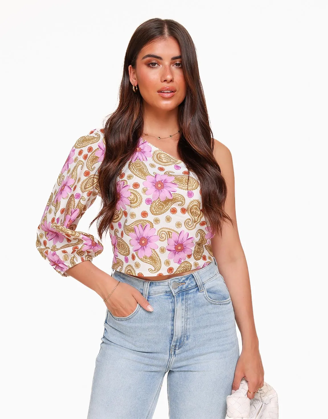 One Shoulder Purple Print Top