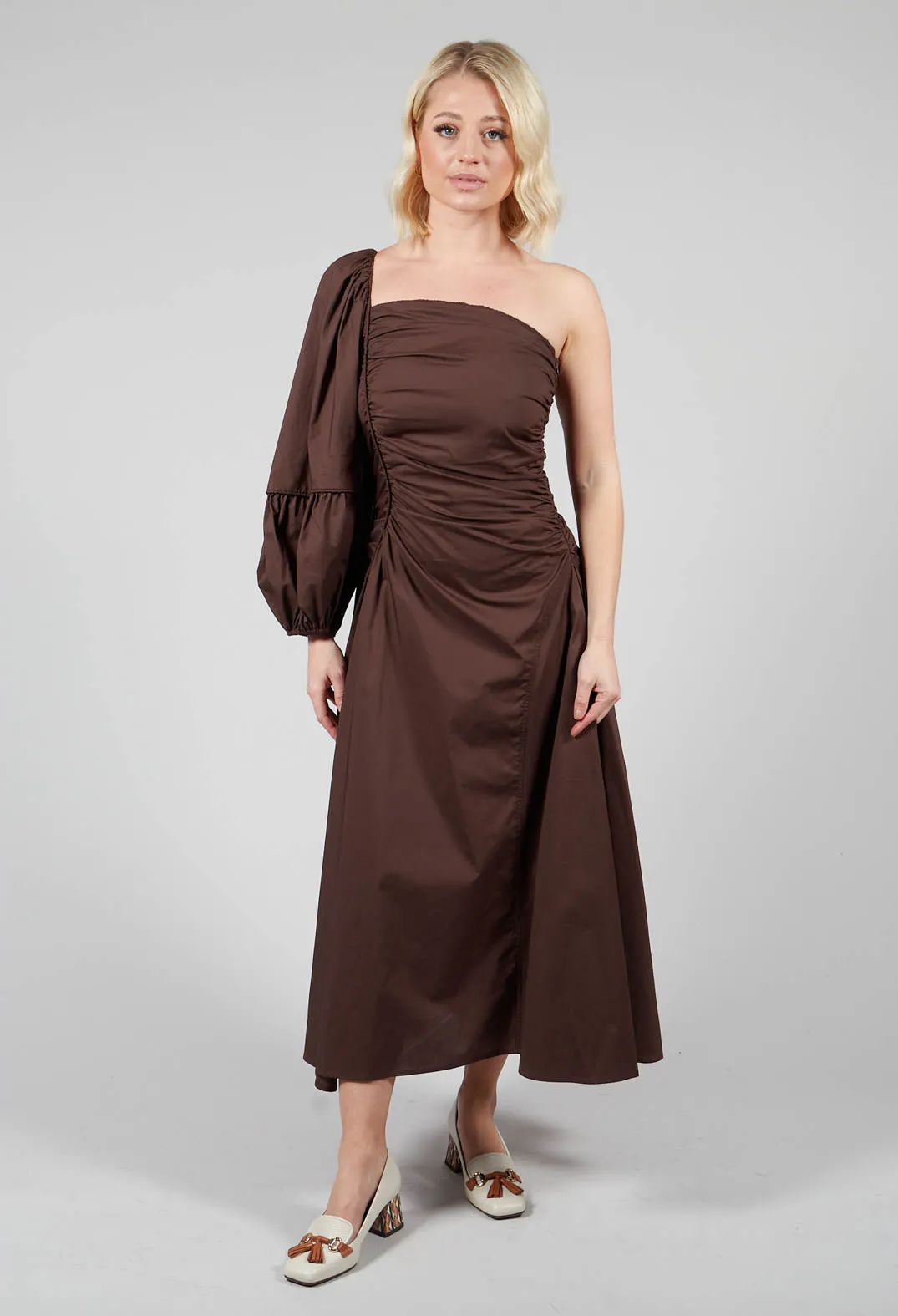 Chocolate One Shoulder Ruched Dress