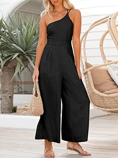 One Shoulder Wide Leg Solid Color Jumpsuit