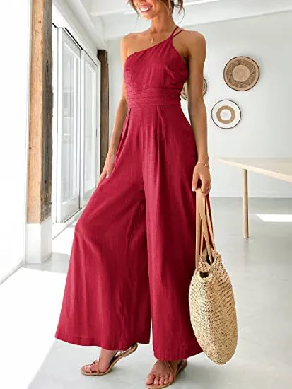 One Shoulder Wide Leg Solid Color Jumpsuit