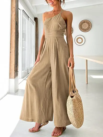 One Shoulder Wide Leg Solid Color Jumpsuit