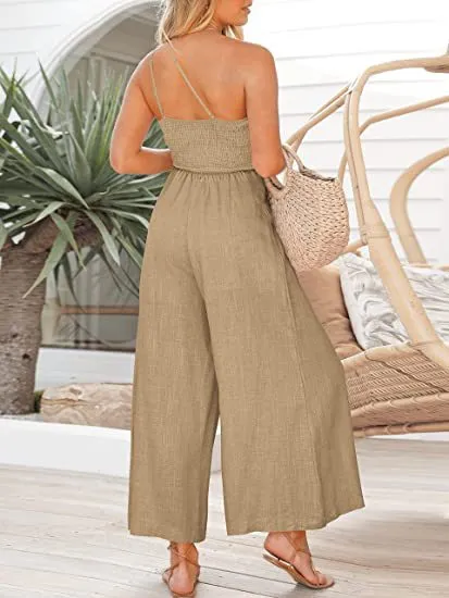 One Shoulder Wide Leg Solid Color Jumpsuit