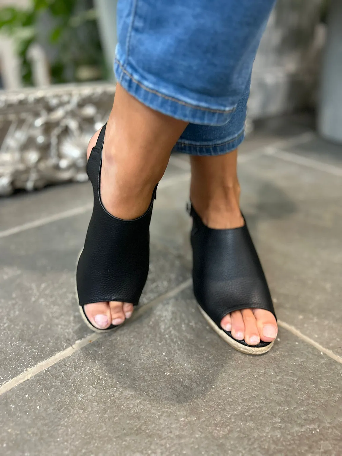 Open Toe Black Buckle Wedge