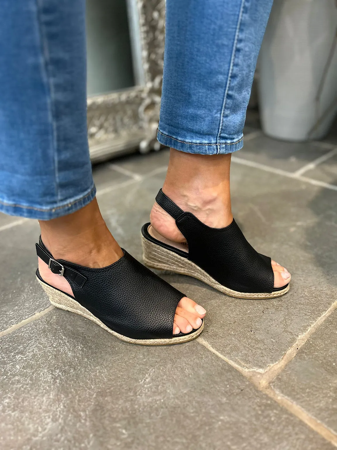 Open Toe Black Buckle Wedge