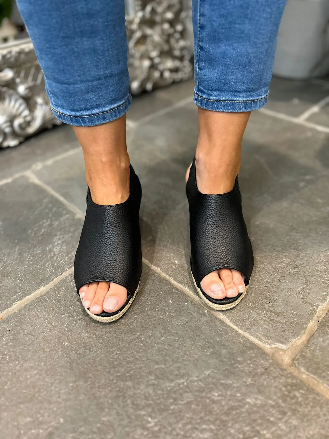 Open Toe Black Buckle Wedge