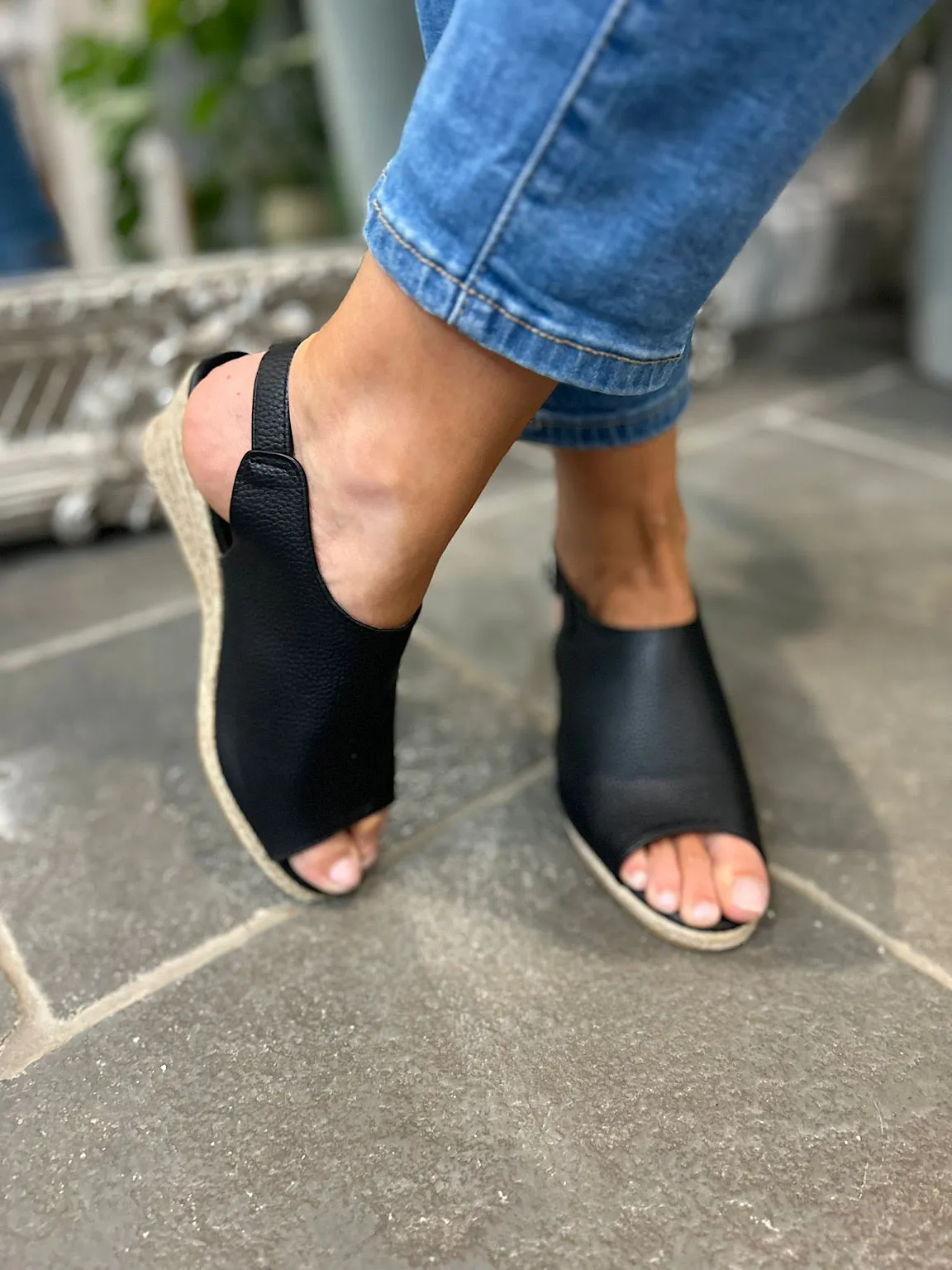 Open Toe Black Buckle Wedge