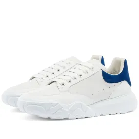 Optic White & Blue Alexander McQueen Court Sneaker with Suede Heel Tab and Wedge Sole