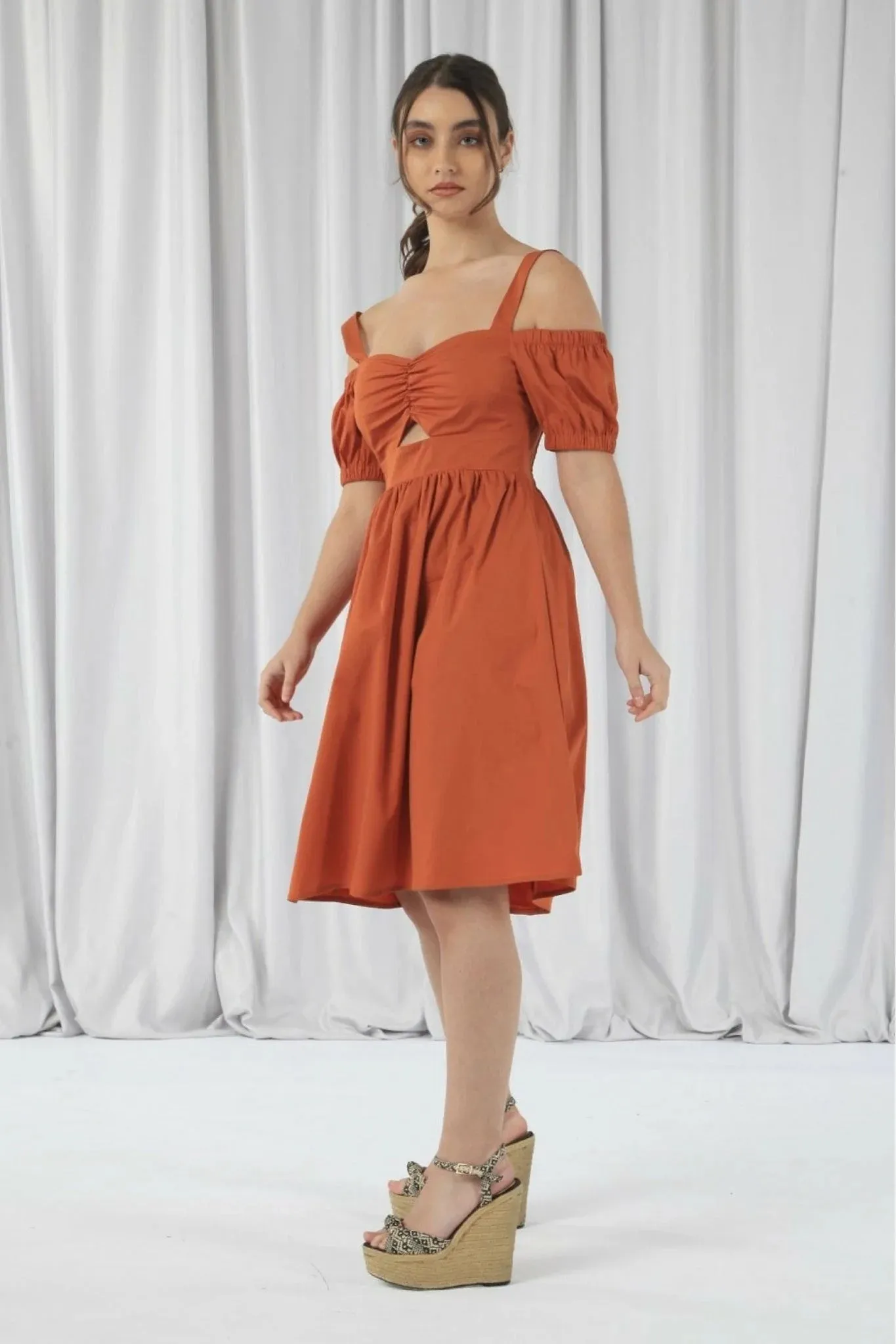 Orange Bardot Ruched Dress - Double Second Edition