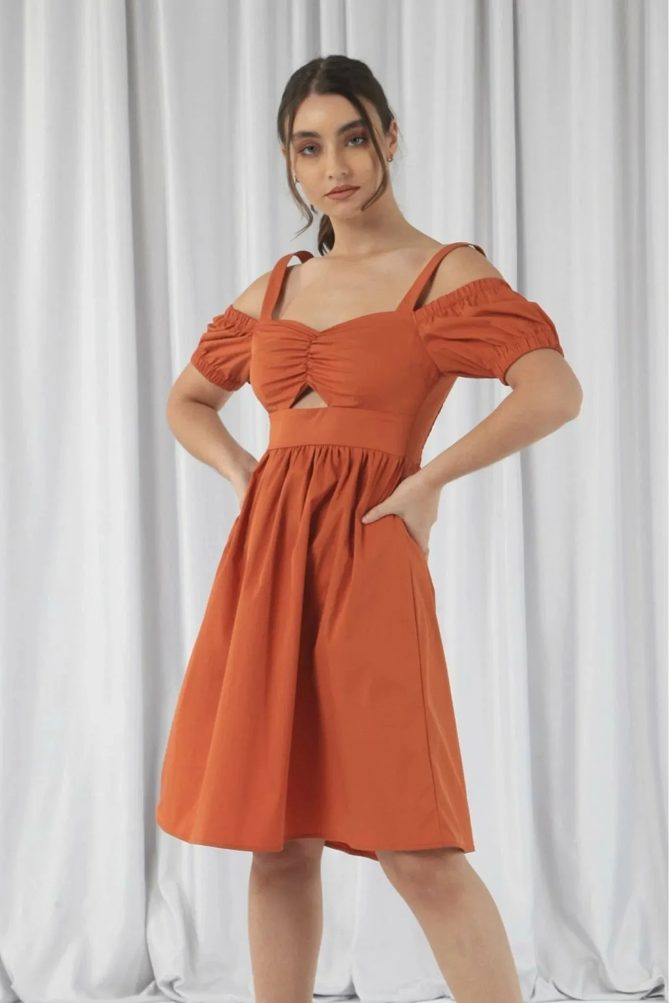 Orange Bardot Ruched Dress - Double Second Edition