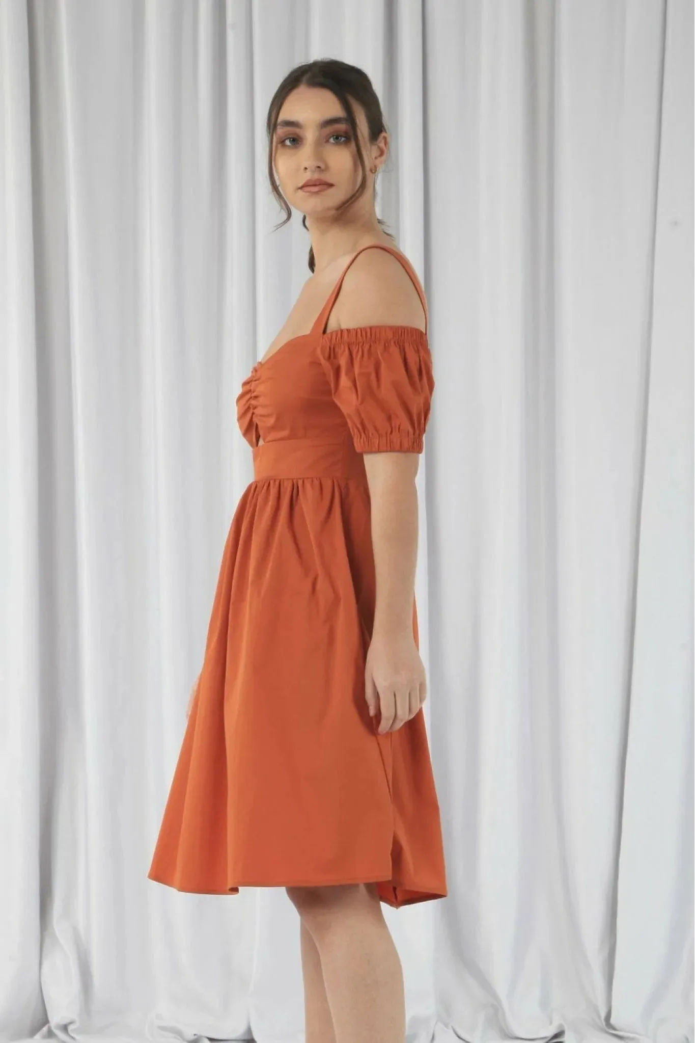 Orange Bardot Ruched Dress - Double Second Edition