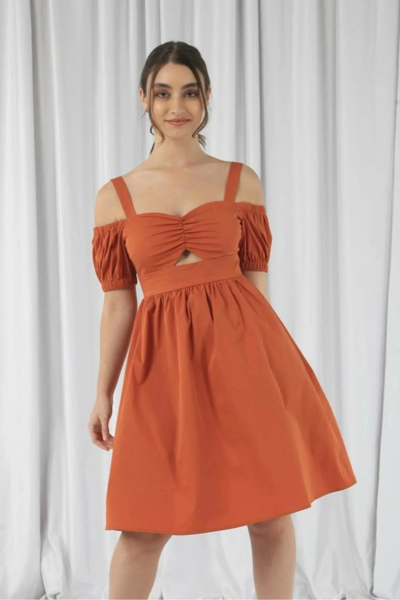 Orange Bardot Ruched Dress - Double Second Edition