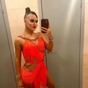 Orange Latin Dress with Swarovski Stones