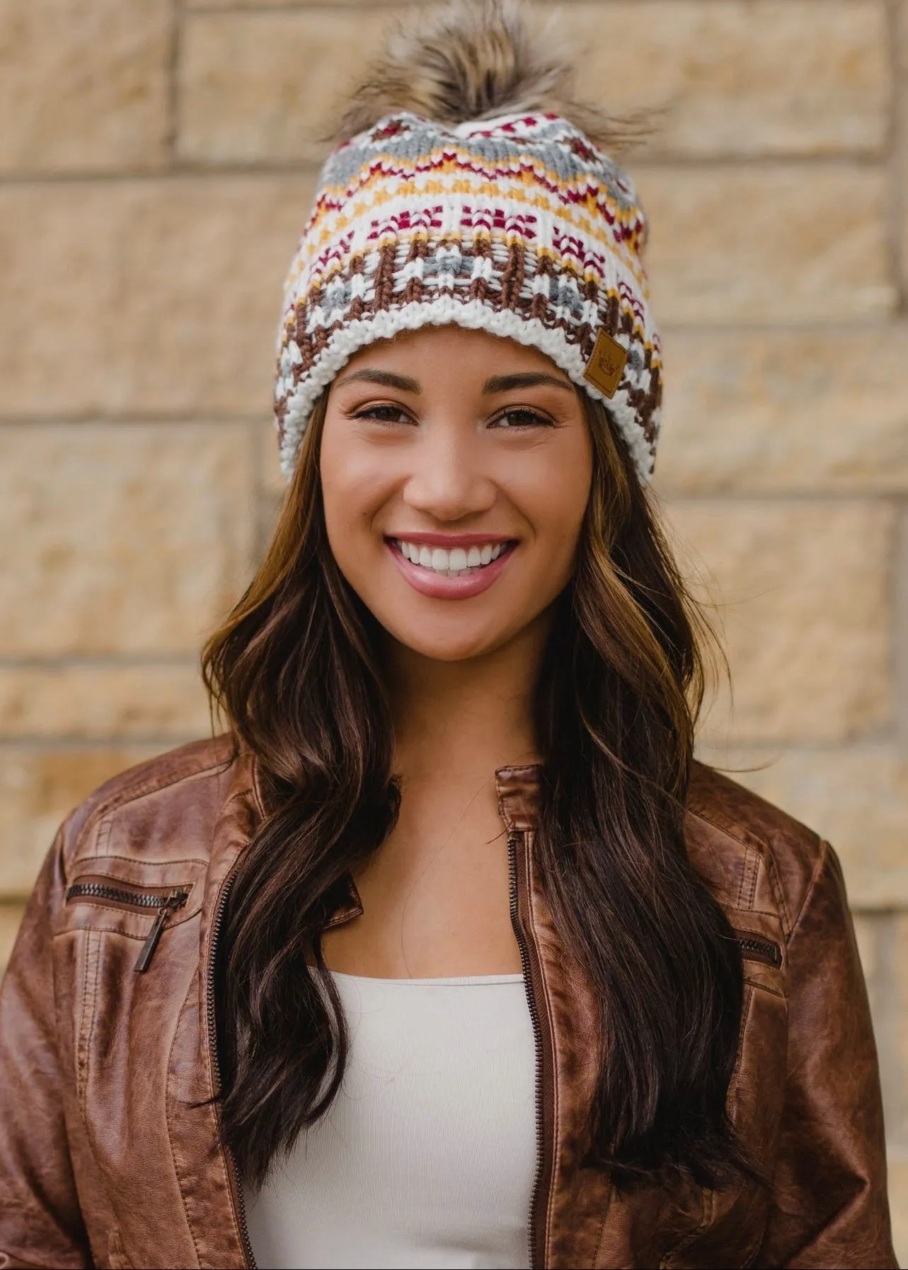 Patterned Knit Hat with Faux Fur Pom