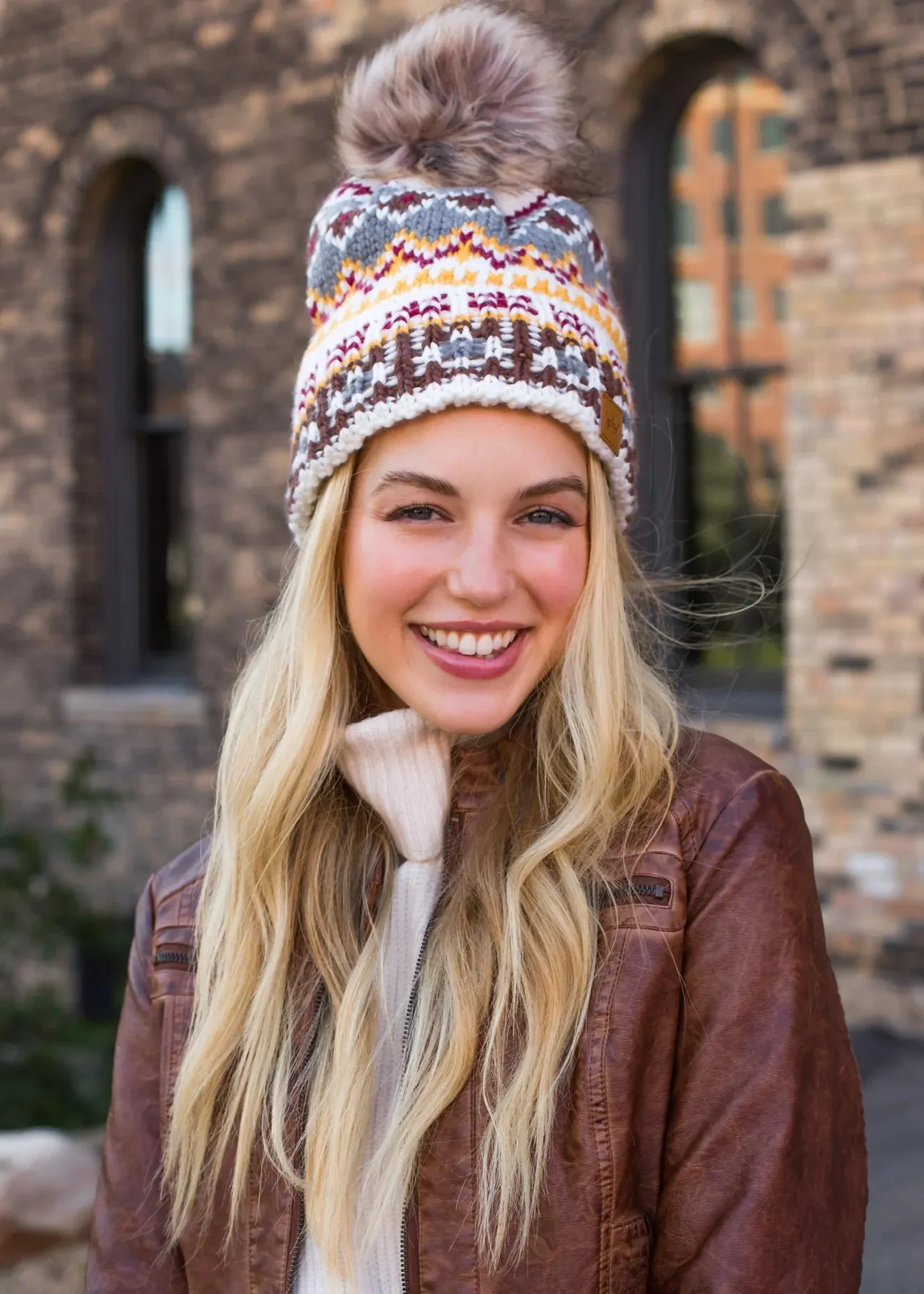 Patterned Knit Hat with Faux Fur Pom