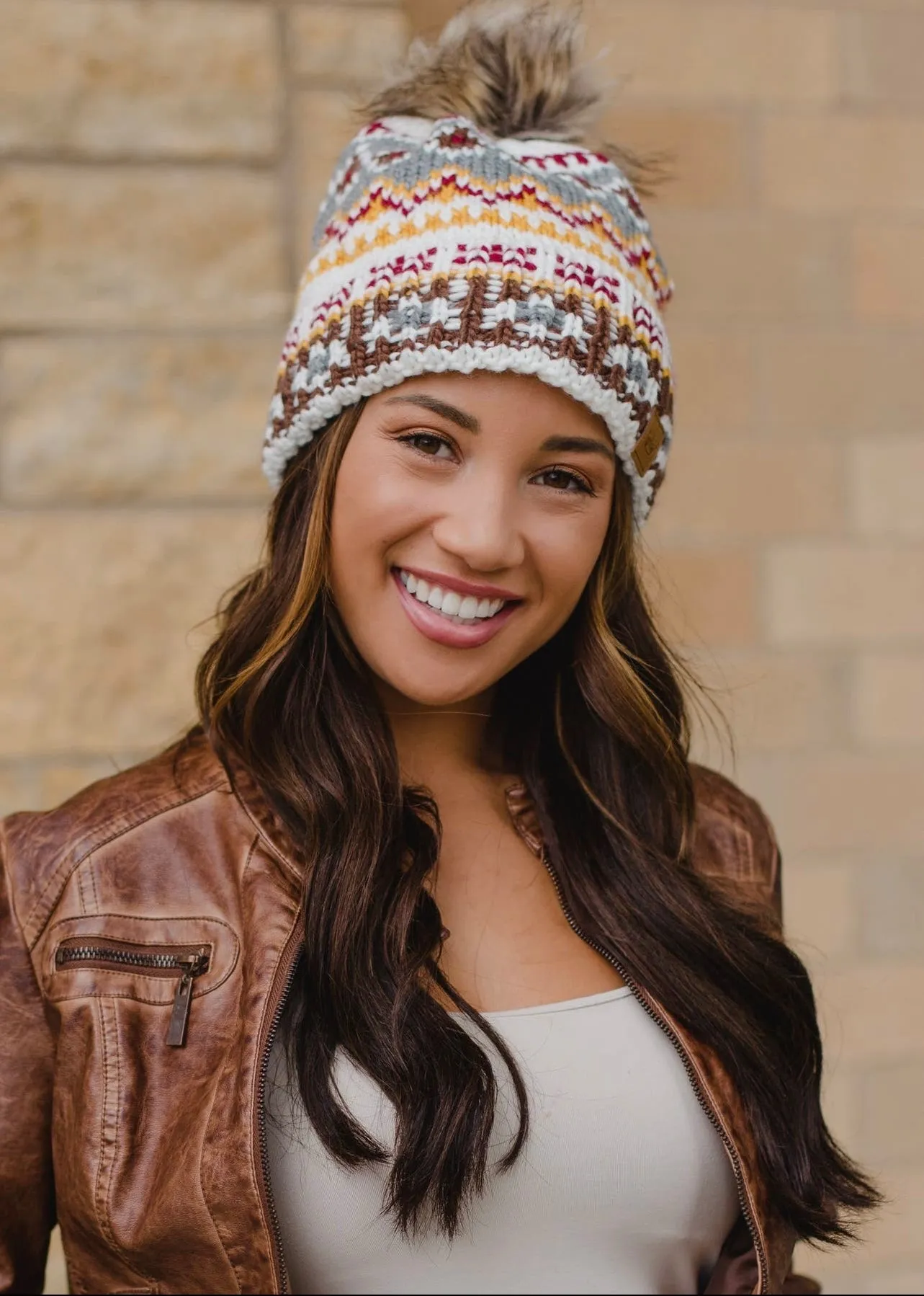 Patterned Knit Hat with Faux Fur Pom