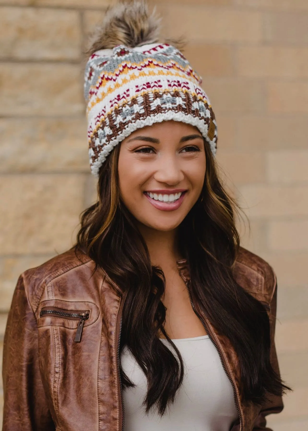 Patterned Knit Hat with Faux Fur Pom