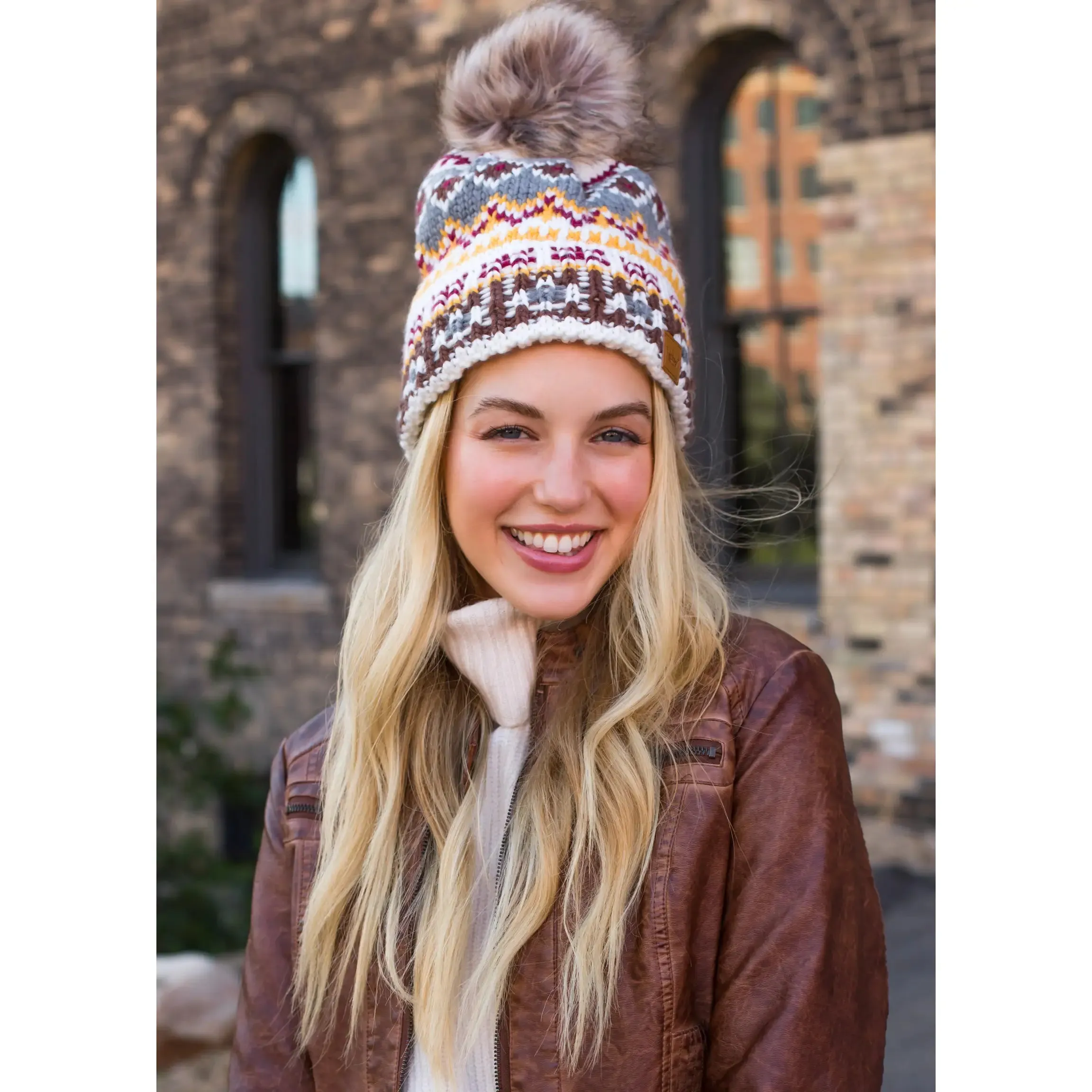 Patterned Knit Hat with Faux Fur Pom