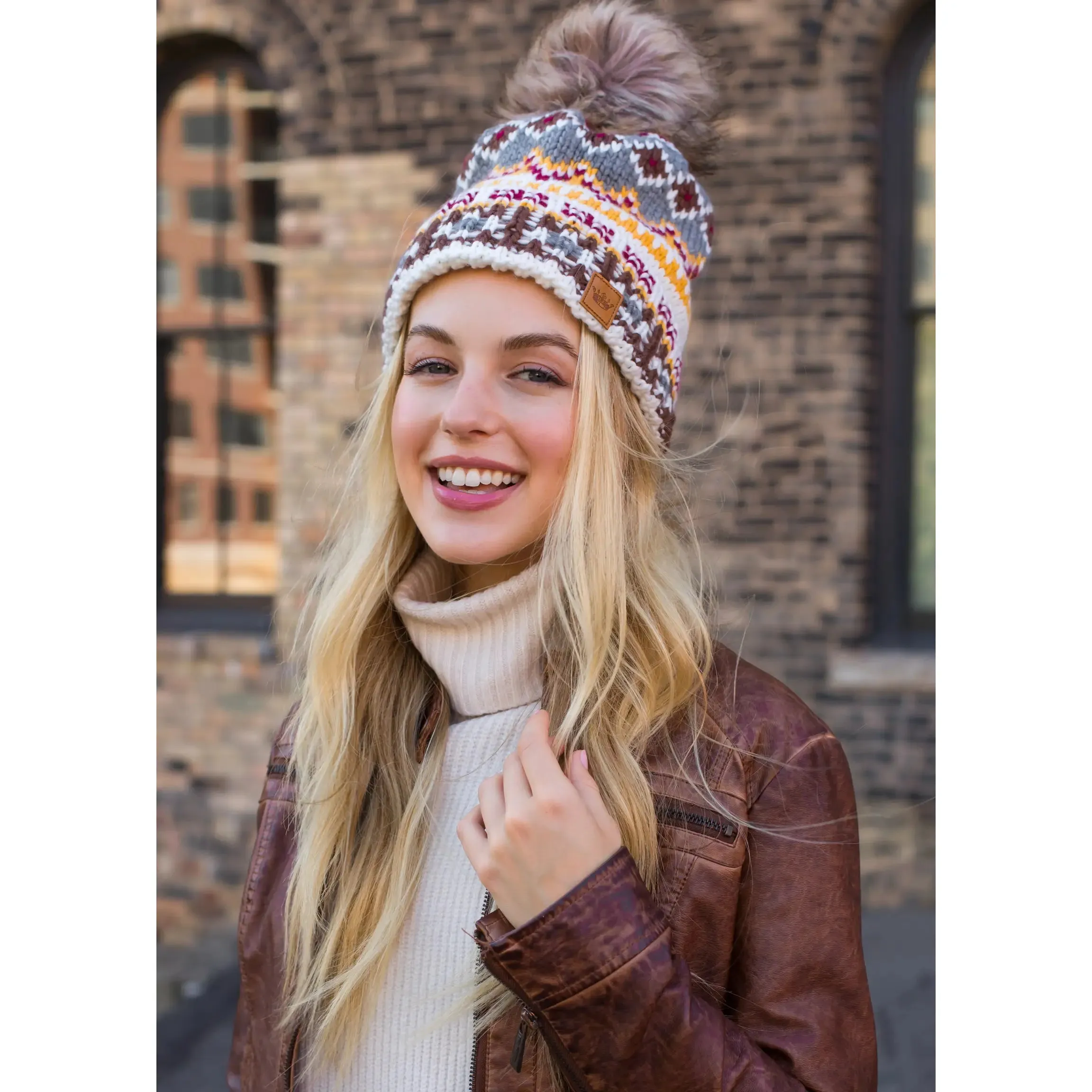 Patterned Knit Hat with Faux Fur Pom